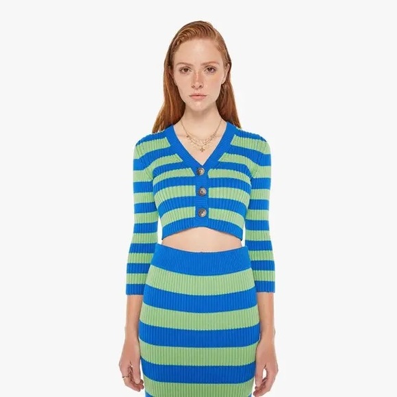 MOTHER Blue and Green Striped Ribbed Crop Cardigan